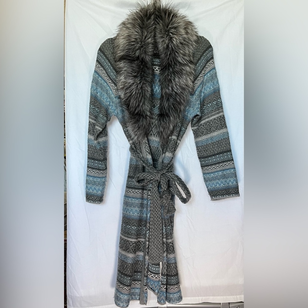 Chico's Gray and Blue Knit Cardigan with Faux Fur